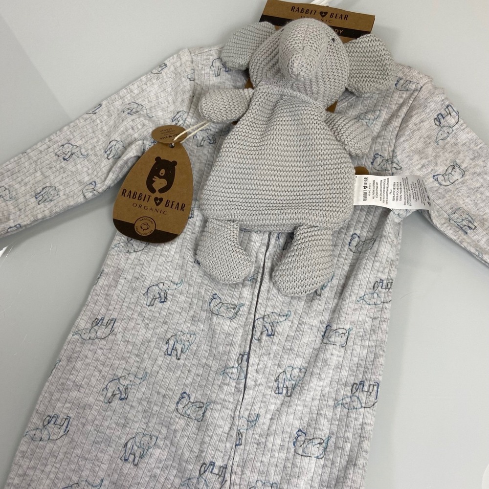 Rabbit +‎ Bear Kids 6-9M Gray Elephant Footed Sleeper NEW Organic Cotton Zip Up